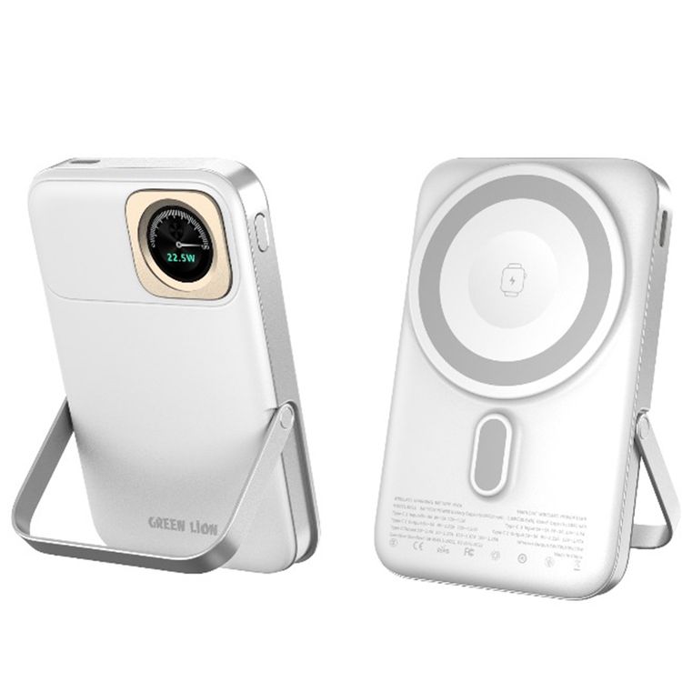 Green Lion Volt Gauge 10000mAh Power Bank with Dual USB-C Ports, ABS & PC Material, 15W Wireless Output, 22.5W Power Delivery, Flight Approved, Built-in Kickstand, Fast Charge Support - White