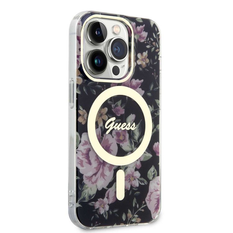 Guess Magsafe IML Case with Flower Pattern - Black - iPhone 15 Pro Max