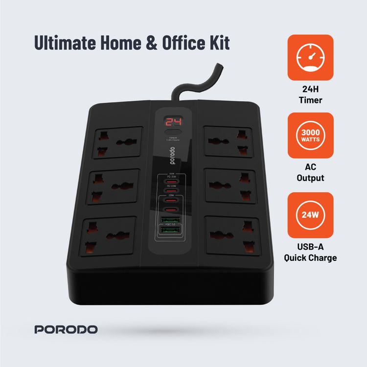 Porodo Multi-Port Super HUB Ultimate Home & Office Kit with 4 USB-C & 2 USB-A, 3m Cable Length, Universal Sockets, Built-in Safeguard, Over-Heat Protection - Black