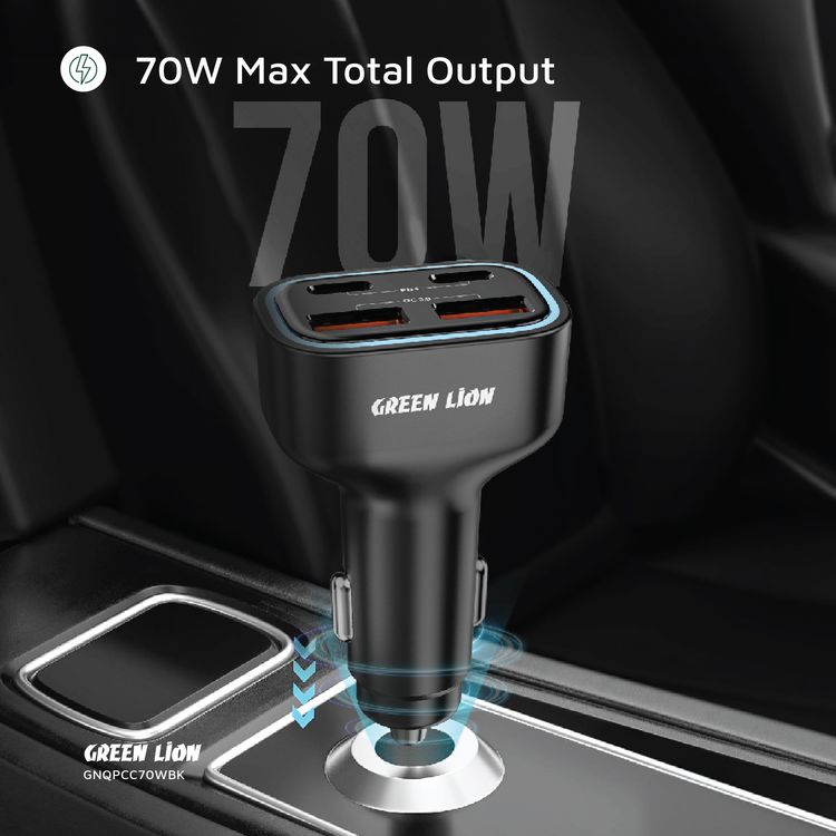 Green Lion Quad Port Car Charger with PD 35W, QC 3.0 35W, 2× USB-A & 2× USB-C Ports, PC Material, Compact Design, Charging Protection, Fast Charge Support - Black