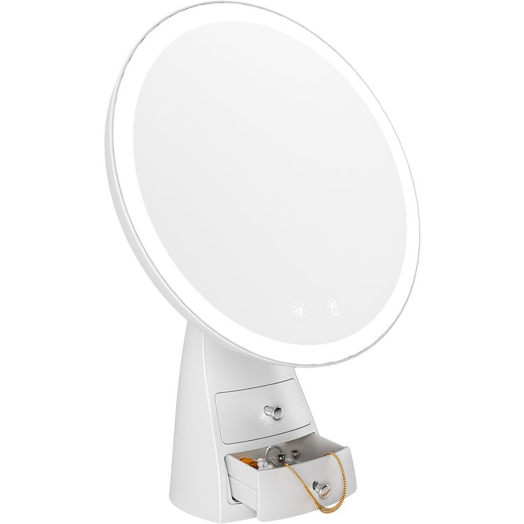 Porodo Vanity Makeup LED Illuminated Mirror with Built-in Dual Storage Drawer, Up to 13 Hours Working Time, 2000mAh Battery, Smart One-Touch Control, Yellow, Natural & White Lights, Brightness Memory Function - White / Rose Gold