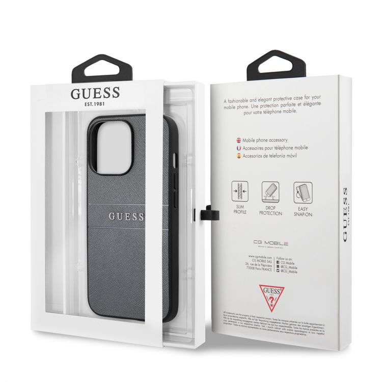 CG MOBILE Guess PU Leather Case Saffiano with Metal Logo Hot Stamp Stripes Compatible for iPhone 13 Pro Max (6.7") Anti-Scratch, Easy Access to All Ports
