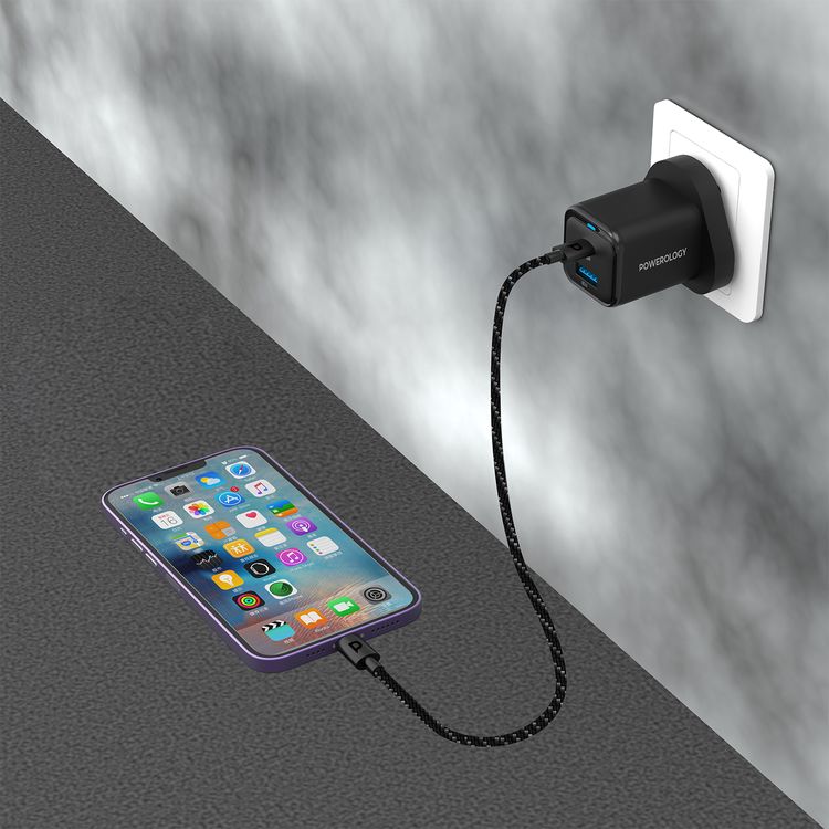 Powerology Super Compact Quick Charger with USB-C To Lightning Braided Cable, 35W Power Delivery, Simultaneous Fast Charging, Lightweight & Portable - Black