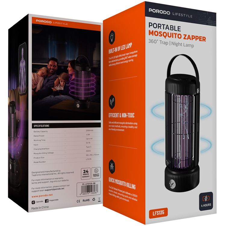Porodo Lifestyle Portable Mosquito Zapper with Built-in UV LED Lamp, Up to 4 Hours Working Time, 2000mAh Battery Capacity, Efficient & Non-Toxic, 4.5W Rated Power - Black