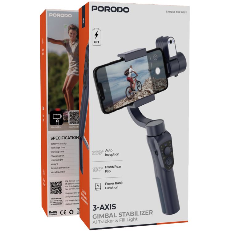 Porodo 3-Axis AI Tracker & Light Gimbal Stabilizer with Built-In Tripod, Object Tracking, Power Bank Function, 210 Minuets Charging Time - Black