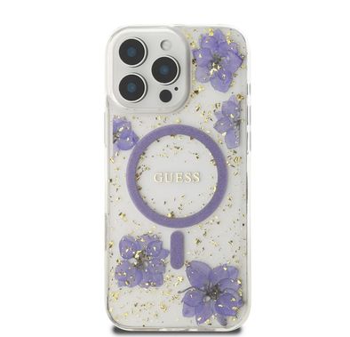Guess MagSafe Hard Case with Resin Flowers Design for iPhone 16 Pro Max, Drop protection, Comfortable Grip - Purple