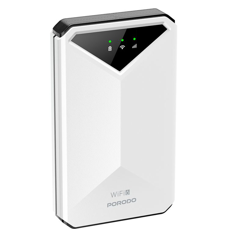 Porodo 4G LTE & WiFi 6 Pocket Router with 8 Hours Working Time, Secure Encryption, Micro & Nano Sim Capability, 2100mAh Battery Capacity, Type-C Charging Port, Lightweight  - White
