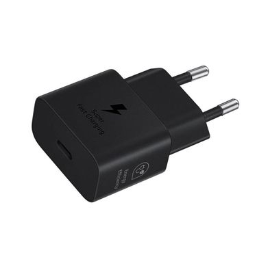 محول السفر من سامسونج 25 واط، 2 دبوس مع كابل USB Type-C إلى Type-C، دعم الشحن السريع، بقوة إخراج إجمالية 25 واط - أبيض، جهد دخل 100-240 فولت، جهد خروج 5 فولت (كحد أقصى، شحن عادي)، جهد خروج 9 فولت (كحد أقصى، شحن سريع) PDO - أسود
