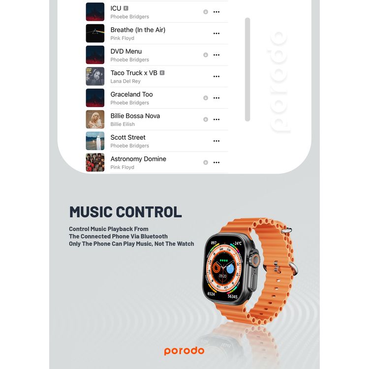 Porodo Ultimo Smart Watch, 2.1", 15 Days Working Time, 3 Hours Charging Time, Bluetooth 3.0 & 5.0, Voice Assistant, Android & iOS Compatible - Black Bezel & Orange Band