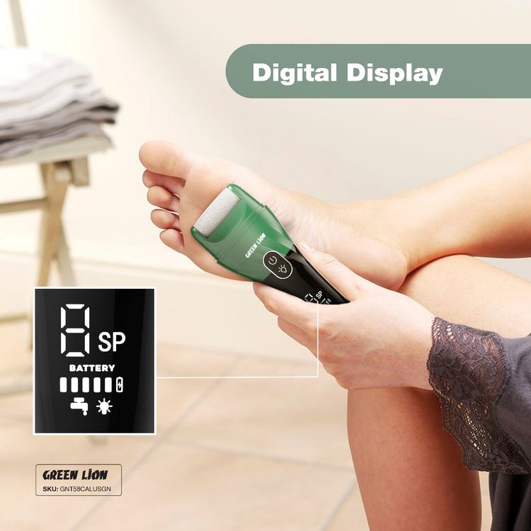 Green Lion Callus Remover with Protective Cap, 3 Detachable Roller Heads, Digital Display, 2 Speed Levels, 5W Power, 20 Minutes Auto Power-Off Function, Dual-Pin Charging Port - Green