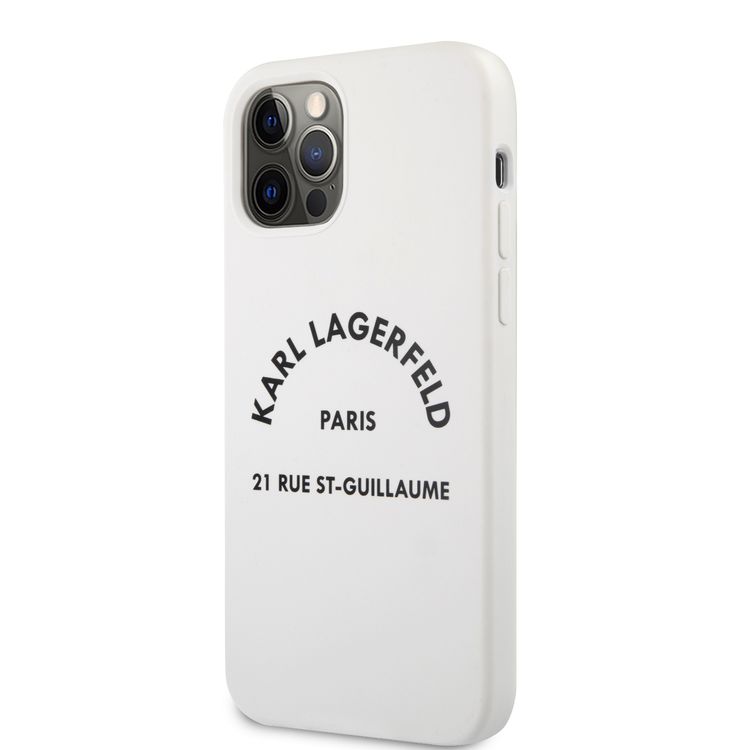 CG Mobile Karl Lagerfeld Silicone Hard Case RSG White Logo Compatible for Apple iPhone 12 / 12 Pro (6.1"), Easy Access to All Ports, Scratch Resistant & Drop Protection Back Cover Suitable with Wireless Charger Officially Licensed - White