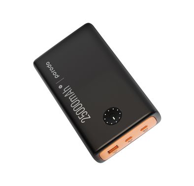 Porodo 25000mAh Compact Power Bank with Type-C to Type-C Cable Included, Dual 120W PD, Laptop Charging Compatibility, LED Indicator, 18W USB-A QC Output - Black