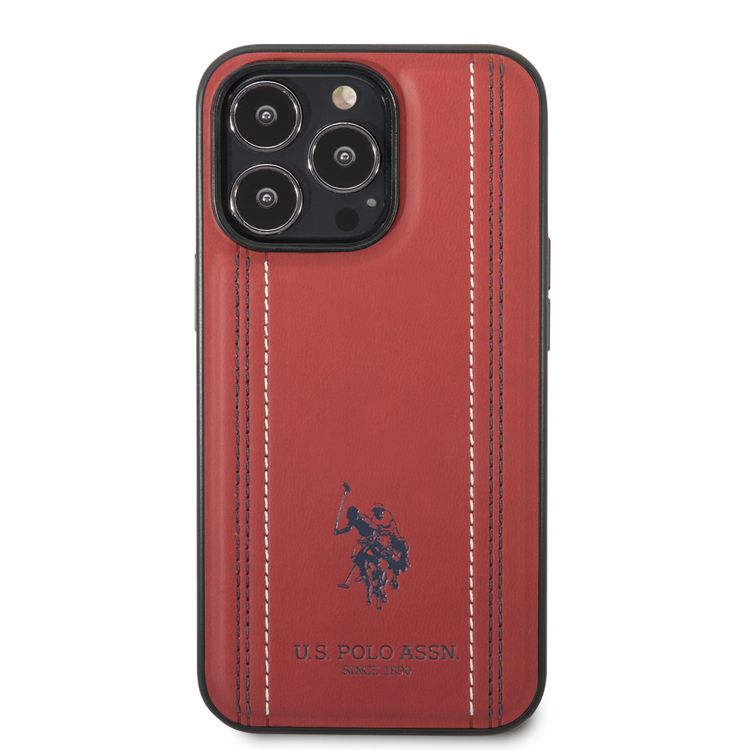 USPA PU Leather Case with Stitched Lines Double Line & Horse Logo iPhone 14 Pro Compatibility - Red