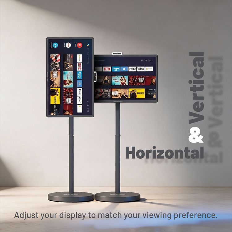 Powerology BANF 32" Portable Smart Monitor with Horizontal & Vertical Angles, 5MP Camera, Android 15 Operating System, Remote Control Included, Tilt Adjustment, 38400mAh Battery Capacity, 89° Viewing Angles, Touch Control, Cast Mirror, 6G/8G RAM, 128G ROM - Gray