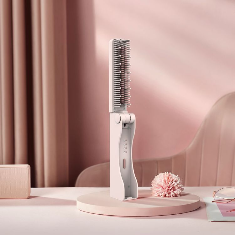 Porodo Foldable Mini Straightener Brush, Auto Safety Shut‐Off, Ceramic‐Coated Teeth, Even Heat Distribution, 3200mAh Powerful Battery, Type-C Charging, Cordless Travel-Friendly - Pink