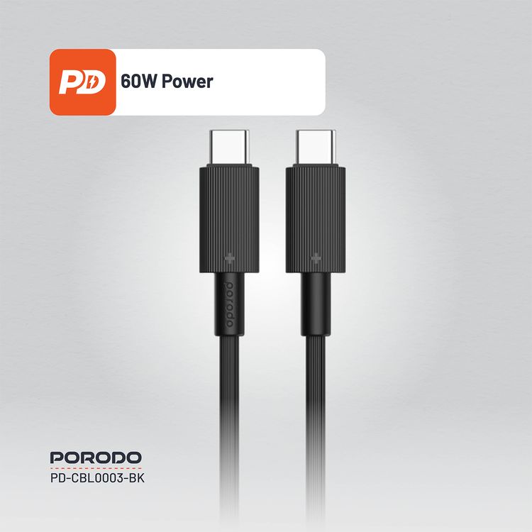 Porodo USB-C to USB C PVC Cable, 480Mbps Transfer Speed, 60W Power Delivery, more than 15000 Bends Life Span, 1.2m Cable Length, Tangle Free - Black