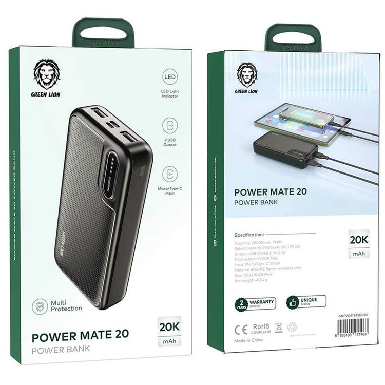 Green Lion Power Mate 20000mAh Power Bank with ×2 USB-A Output Ports, Micro & Type-C Input Ports, ABS+PC Material, Multi Protection, LED Light - Black
