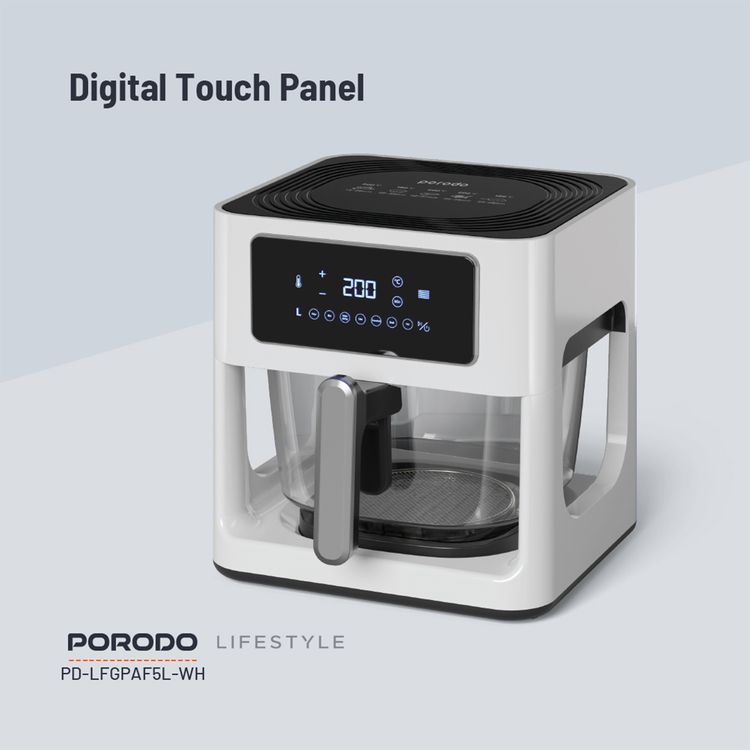 Porodo Lifestyle Glass Pot Air Fryer with a Touch Panel,1000W Rated Power, 5 Liter Capacity, 80-200°C Temperature Control - White