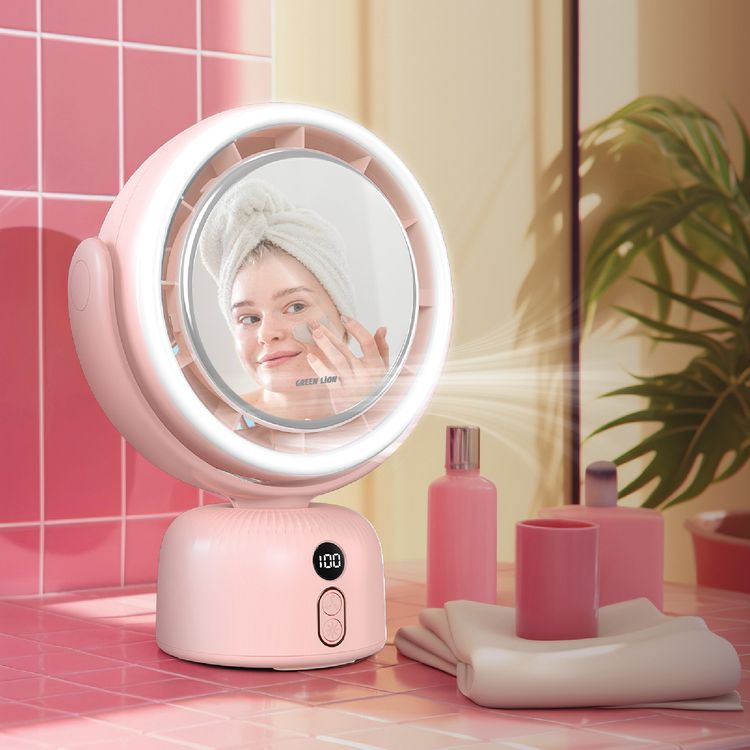 مرآة مكياج بجهاز تهوية من جرين لايون، بخمس مستويات لسرعة المروحة و3 أوضاع ضوء، تصل إلى 11 ساعة من العمل، منفذ شحن USB-C، دوران قابل للتعديل، شاشة رقمية، قاعدة مقاومة للانزلاق، 51 ضوء LED، بطارية 5400 مللي أمبير - وردي