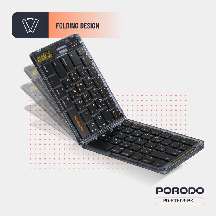 Porodo Crystal Shell Wireless Keyboard, Transparent, Bluetooth Connection, Foldable, 65 Keys + Arabic Layout, 80mAh Lithium Battery, Scissor Key Switches, Compatible with Windows, iOS, Android, Mac - Black