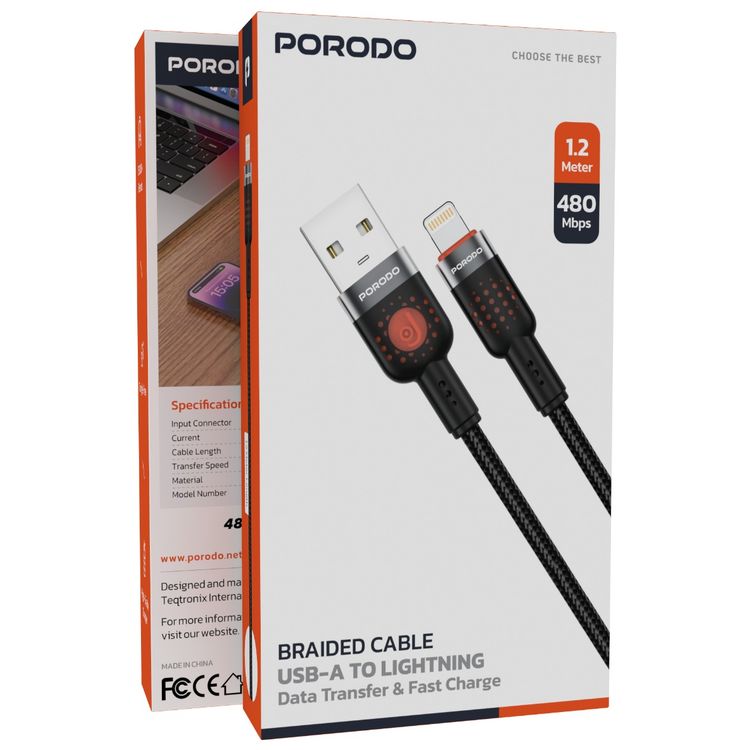 كابل مضفر من سبائك الألومنيوم من بورودو USB-A إلى Lightning 1.2، سرعة نقل 480 ميجابت في الثانية، 2.4 أمبير، عمر افتراضي يزيد عن 15000 ثنية، خالٍ من التشابك - أسود