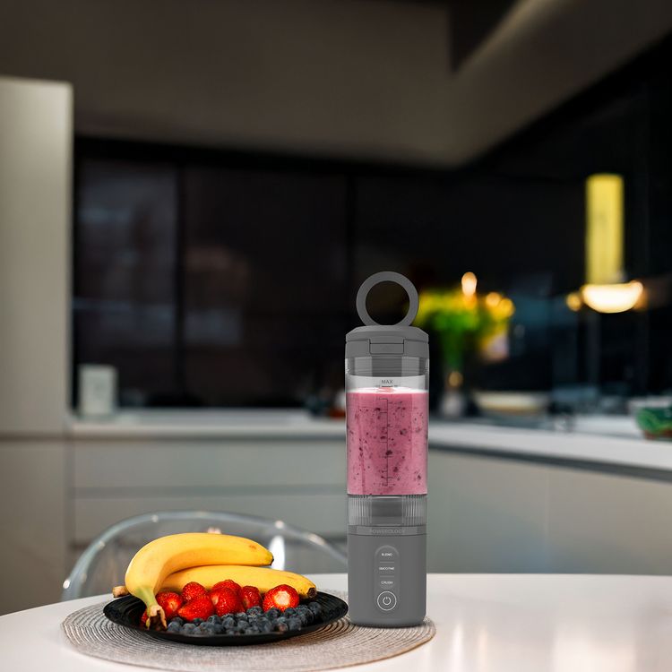 Powerology MagBlend Portable Blender with Magnetic Phone Mount, 6 Sharp Steel Blades, Powerful Ice Crushing, Multi-Mode Blending, 470mL Capacity, Fits to Car Cup Holders - Gray