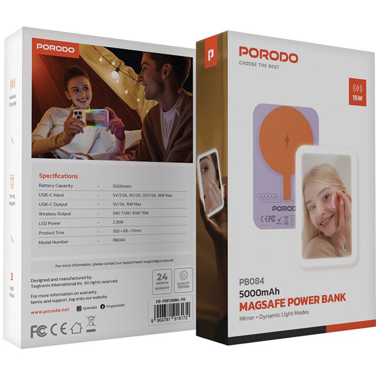 Porodo 5000mAh MagSafe Power Bank with Built-in Mirror, 18W USB-C Input, 15W USB-C Output, 3 Light modes, Up to 15W Wireless Output, Portable & Compact Design - Purple