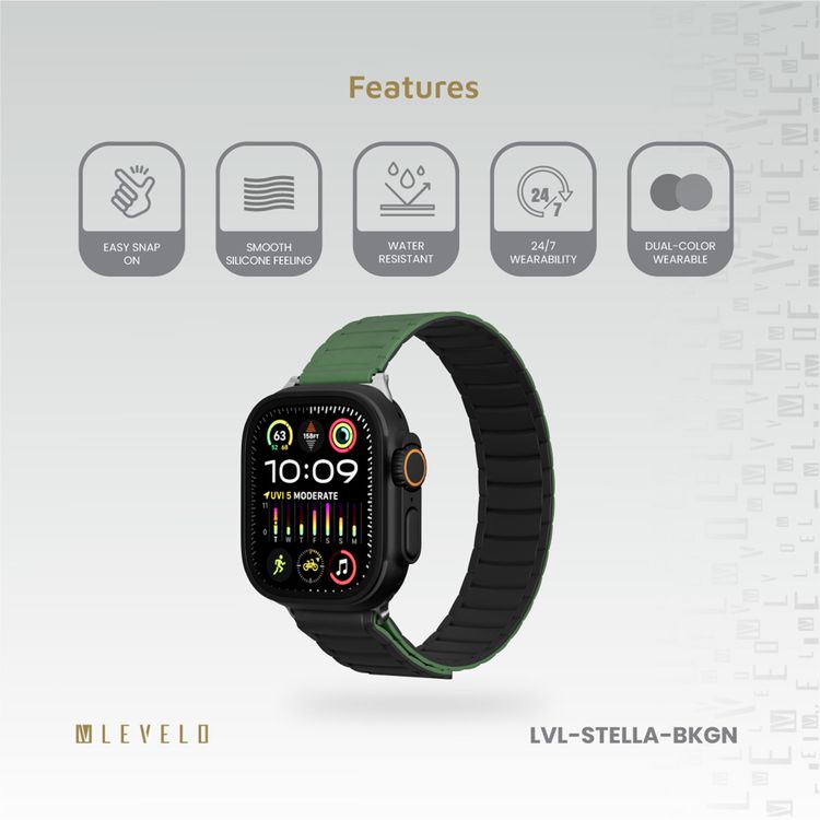 Levelo Stella Silicone Watch Strap with Magnets, Compatible with 49/46mm Smartwatches & Apple Watch SE, Series 9, 8, 7, 6, 5, Dual-Color Wearable, Hypoallergenic Material, Easy Snap-On, Sweat-Resistant, Water-Resistant - Black / Green