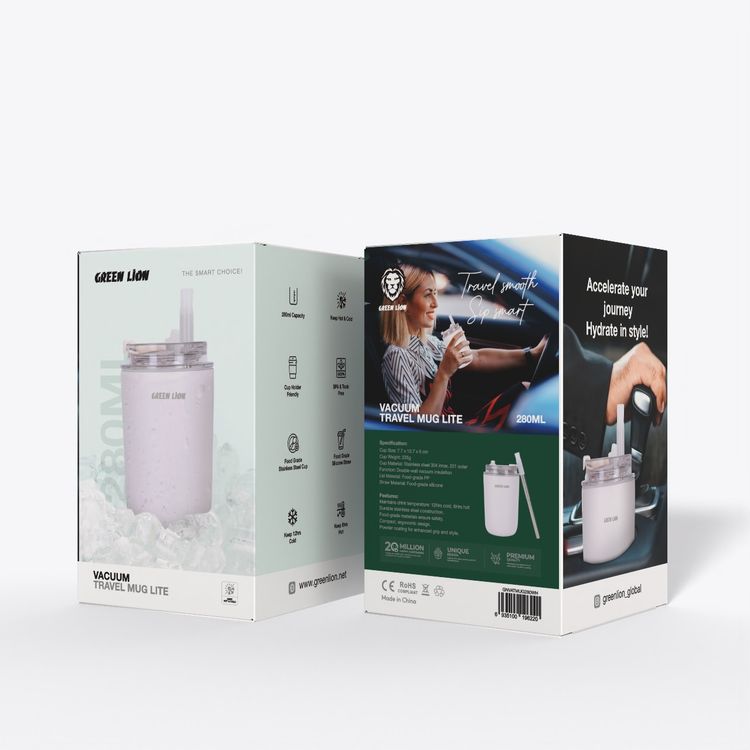 Green Lion Vacuum Travel Mug Lite, 280 mL Capacity, Keeping Hot for 6 Hours and Cold for 12 Hours, Food Grade Silicone Straw, Food Grade Stainless Steel Cup - White