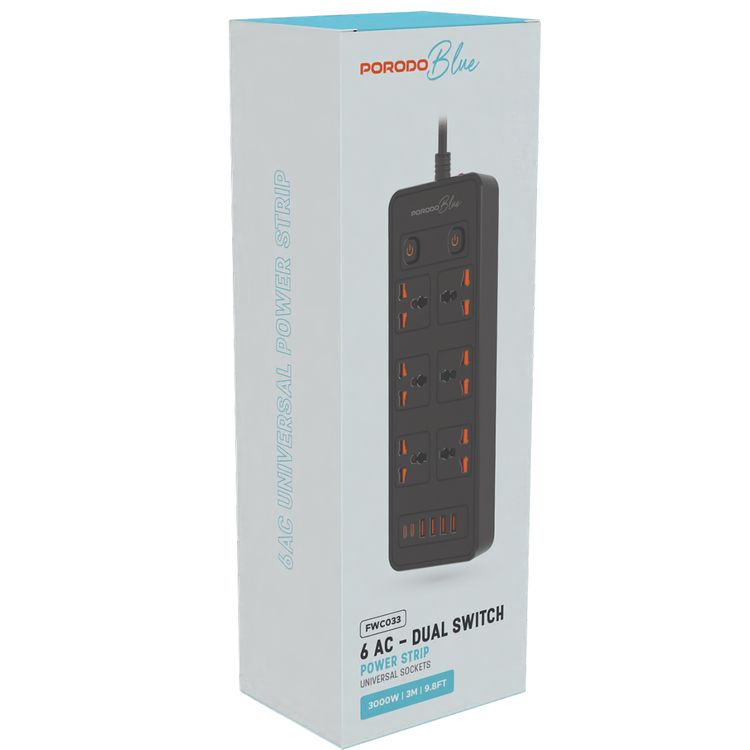 Porodo 6AC-Dual Switch Universal Power Strip with Premium Material, Power Switch Control, Safety Shutter, 13A Maximum Current - Black  