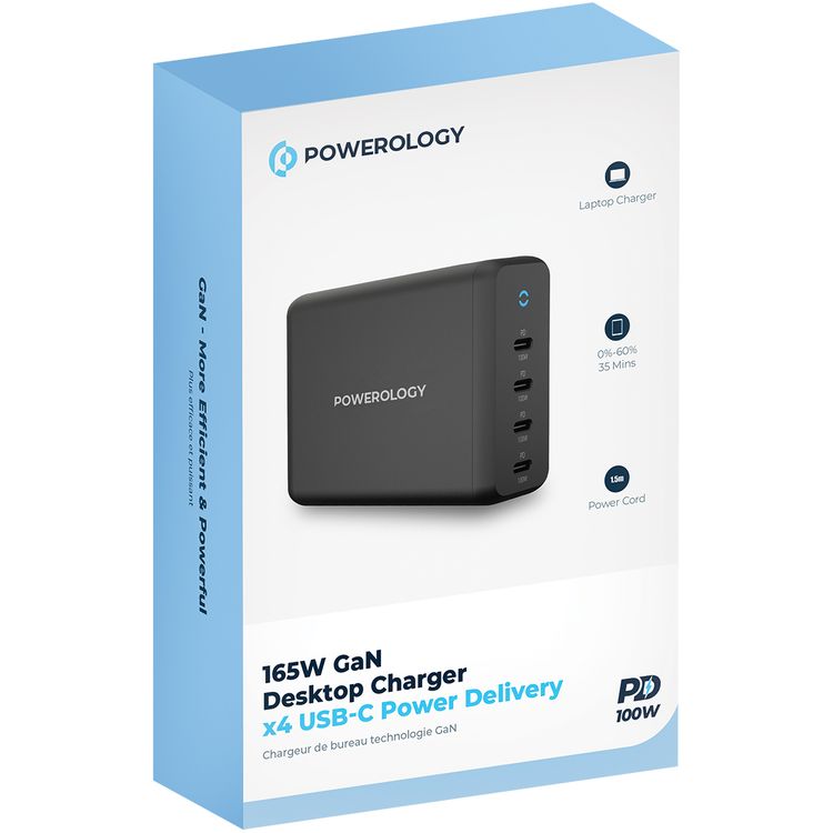 Powerology 165W GaN Desktop Charger with 4 USB-C PD Ports, Overload Protection, 100W Power Delivery, UK 3-pin Plug, 0%-60% Charge in 35 Minutes - Black