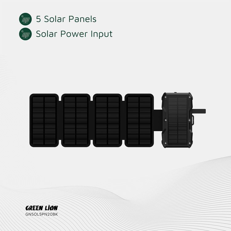 Green Lion Solar 5-Panel 20000mAh Power Bank with LCD Battery Display, IP54 Waterproof, 3 LED Modes, QC 22.5W Fast Charging, 15W Wireless Charging - Black