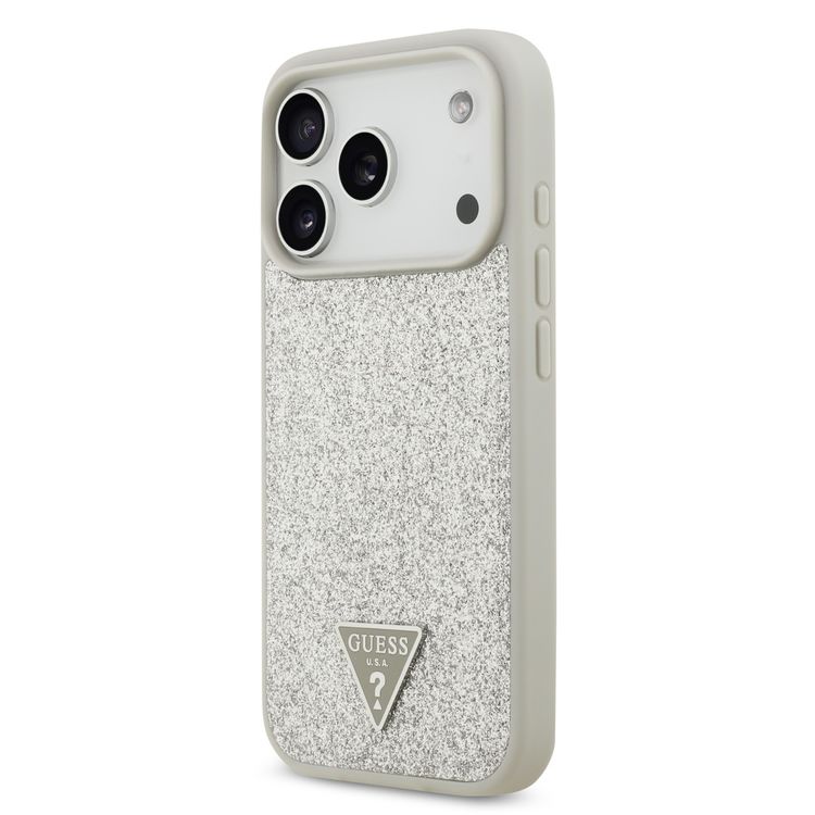 Guess MagSafe PU Leather Fixed Glitter Case with Triangle Logo for iPhone 17 Pro, Slim Profile, Easy Snap-On, Sustainable Packaging, Comfortable Grip, Drop Protection, Lightweight Design - Silver