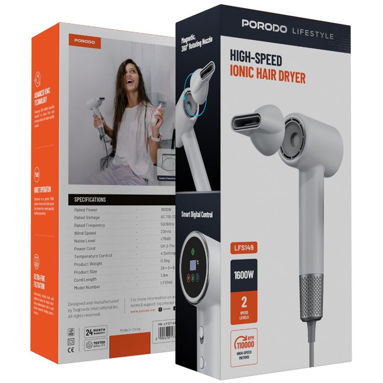 مجفف شعر بورودو لايف ستايل عالي السرعة مع فوهة مغناطيسية دوارة 360 درجة، قوة 1600 واط، مستويان للسرعة، قابس بريطاني ثلاثي السنون، طول السلك 1.8 متر، تشغيل هادئ - أبيض