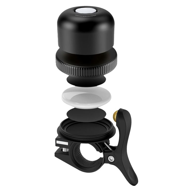 Powerology Anti-Theft Bicycle & Scooter Bell with Dedicated AirTag Mount, 210mAh Battery Capacity, Fits 22-25mm Handlebars, 80-100dB Bell Volume, Find My App Compatibility, 16 Months Standby, Accelerometer Sensor, Easy to Install - Black