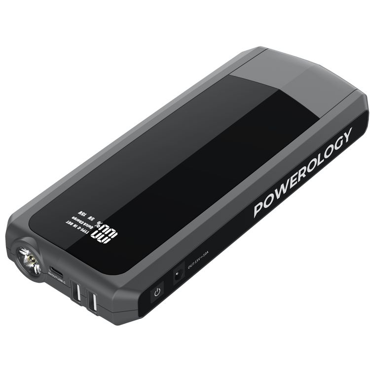 Powerology باور بانك 16000 مللي أمبير في الساعة PD 18 وات QC3.0 مع مشغل طوارئ 12 فولت، وقت شحن 3 ساعات، مخرج USB-C وUSB-A، شحن سريع، مصباح يدوي LED، شاشة LCD، محمول - أسود