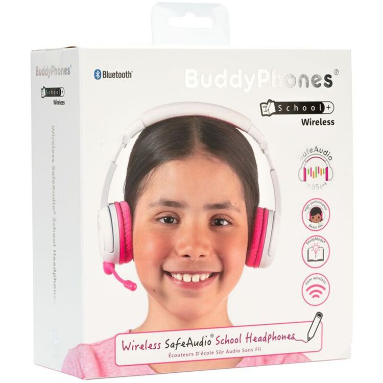 سماعات رأس BuddyPhones SchoolPlus للأطفال مع اتصال سلكي ولاسلكي، وميكروفون قابل للفصل، ووضع دراسة معزز للصوت، وتصميم قابل للطي - وردي