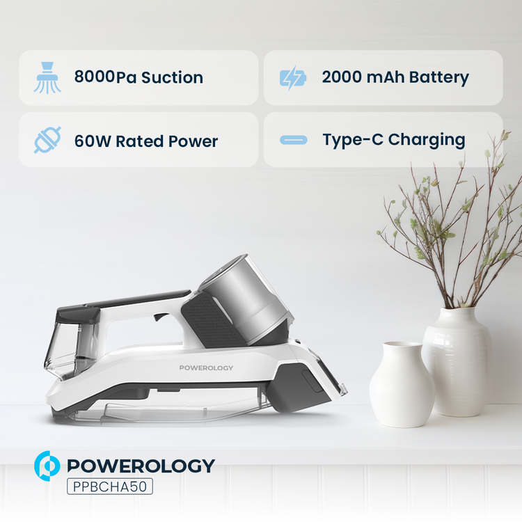 Powerology Cordless Spot Cleaner, 500ml Capacity, 60W, 8000Pa Suction Power, 2000mAh Battery Capacity, less than 76db Noise Level - White