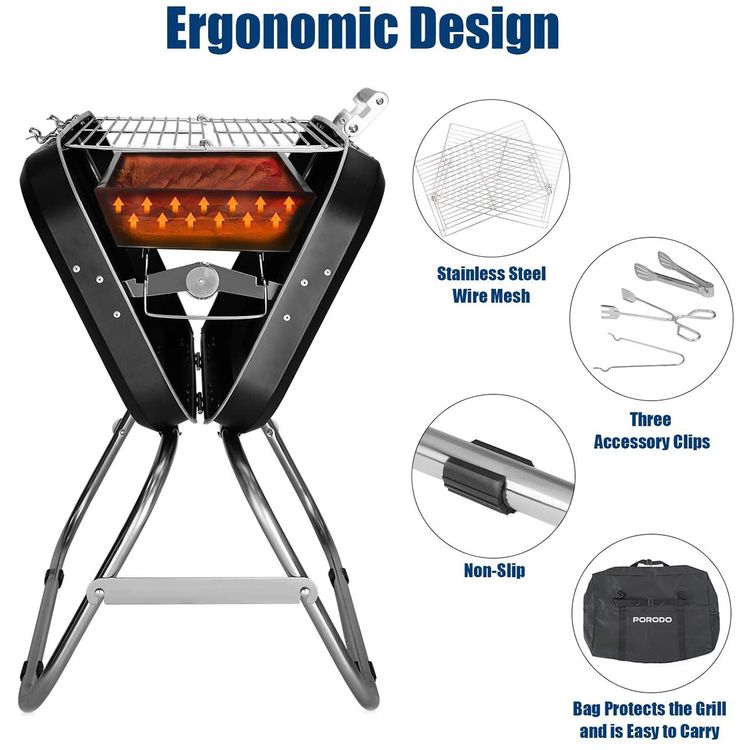 Porodo Lifestyle Portable Folding BBQ Grill with Steel Cooking Mesh, 17-inch Grilling Area, Camping Trip, Backyard Parties & Beach Outings, Easy to Clean, Quick Setup - Black