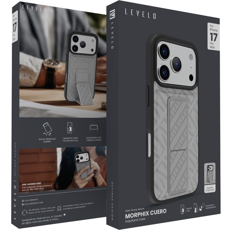 Levelo Morphix Cuero GripStand Case for iPhone 17 Pro Max, Raised Bezels for Camera & Screen, Shock-Resistant Bumper, Secure Hold, Horizontal & Vertical Viewing - Cloud Gray