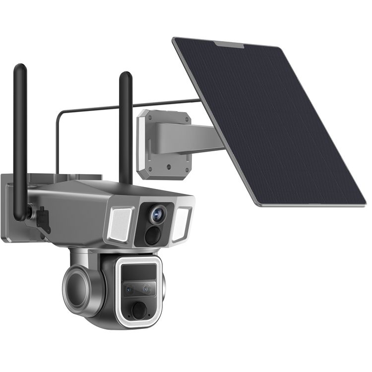 Powerology 360° Dual Lens Outdoor Camera, 4G/WIFI, 10x Continuous Zoom, Solar Power Recharging, Water Proof, Dust Proof, 2.4m Solar Panel Wire - Black 