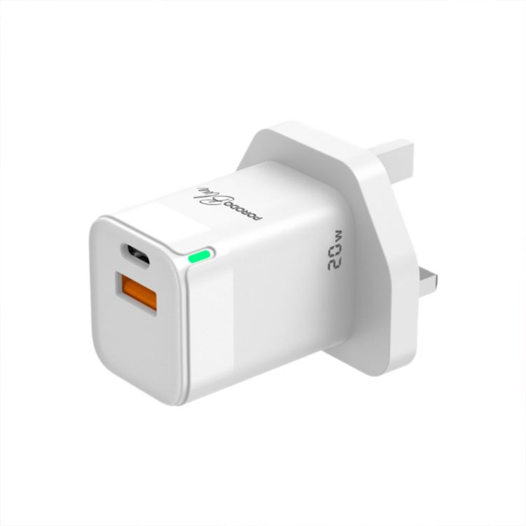 Porodo Blue Ultra-Quick Charger with 1m USB-C to USB-C Cable, USB-A & USB-C Ports, 20W Total Output, 3A Output Current, 5V Output Voltage, Multi-Device Charging, Fast Charge Support - White