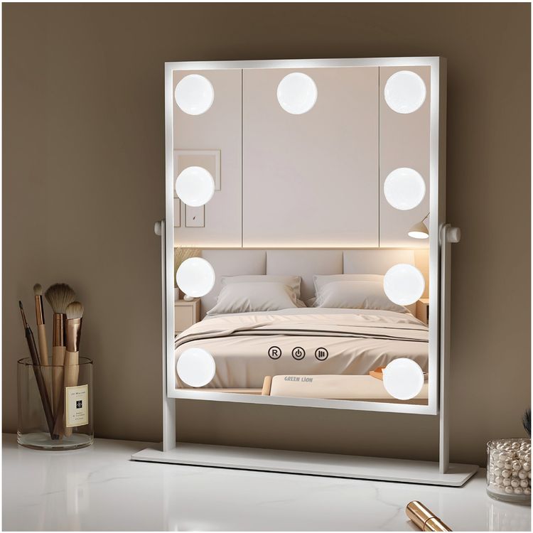 Green Lion Glam Shine Makeup Mirror with 9 LED Lights, 3 Color Modes, 5W Output Power, USB-A to Type-C Cable Connector, 360° Rotation, Touch Control - White 
