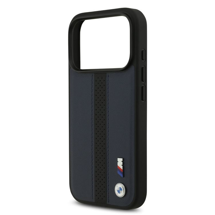 حافظة BMW بجلد PU مع خطوط مثقبة وشعارات معدنية لهاتف iPhone 17 Pro Max، متوافقة مع MagSafe، تغليف مستدام، حماية من السقوط، تصميم نحيف، تصميم سهل التركيب - لون كحلي / أسود