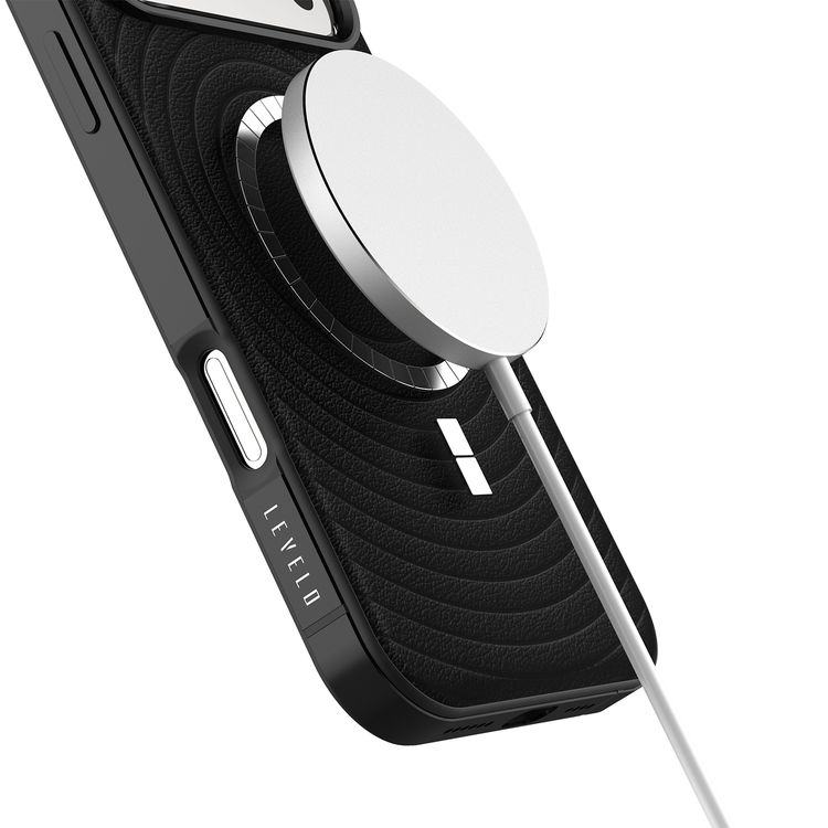 Levelo Spirale PU Leather Hybrid Case for iPhone 17 Pro Max, MagSafe Compatible & Strong Magnets, Impact-Resistant, Shock-Resistant Bumper, Aluminum Alloy Frame for Camera & Edges, Drop-Tested - Phantom Black