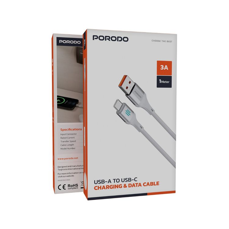 كابل شحن ونقل بيانات من بورودو USB-A إلى USB-C بمخرج PD بقوة 27 وات، معدل نقل بيانات 480 ميجابت في الثانية، طول الكابل 1 متر، مادة مضفرة متينة، مقاومة للتشابك، شحن مثالي، متانة محسنة - فضة