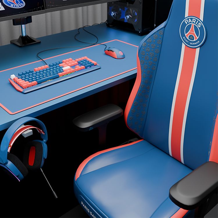 PSG E-Sports Chair with Lumbar Pillow, Headrest, 4D Armrest, Metal Base & Premium PU Leather Material, Ergonomic Design - Red / Blue