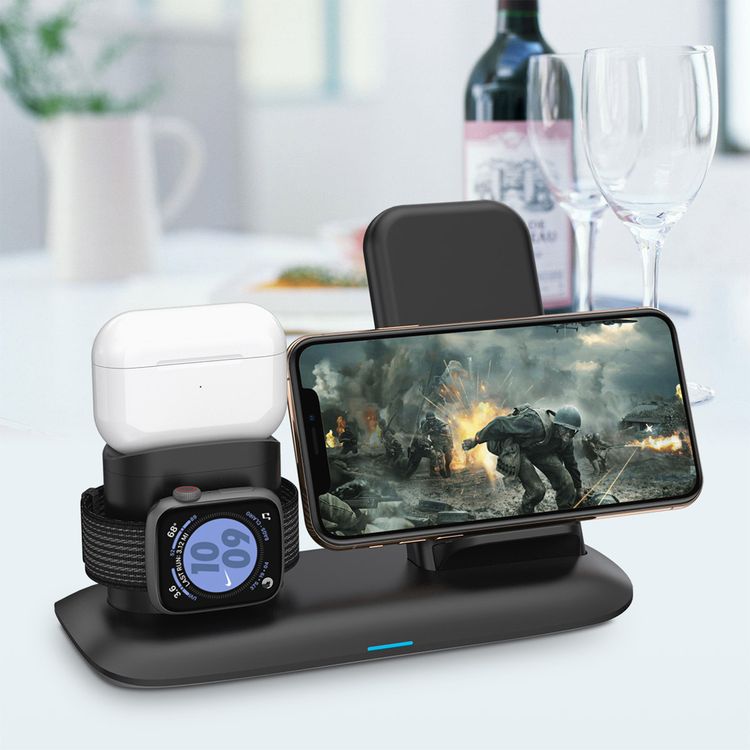 Porodo 4-in-1 Charging Station with Built-in Lightning Connector, Magnetic Charging for AirPods & Smartwatches, 10W Phone Output, 2W Watch Charger Output, Qi Standard - Black