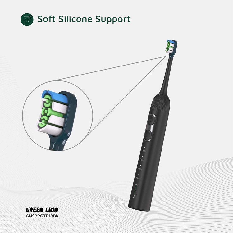 Green Lion Smart Brush 60° Ultrawide with Multifunctional Servo Motor, 2 Minutes Smart Timing, Up to 80 Uses Possible Per Each Charge, Soft Silicone Support, Travel Case Included, 60° Rotation, 30 Seconds Vibration Reminder - Black