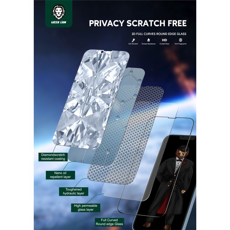 Green Lion 3D Privacy Scratch Free Round Edge Glass Screen Protector for iPhone 13 Pro Max ( 6.7" ),  Anti-Scratch - Non-Breakable Edges - Anti-Peeping Screen Guard Protector  - Black